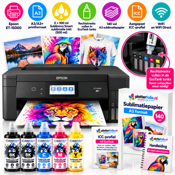 Epson ET-15000 A3+ EcoTank Sublimatieprinter – Complete Set Epson ET-15000 A3+ EcoTank sublimatieprinter met Sublinova inkt en A3 sublimatiepapier