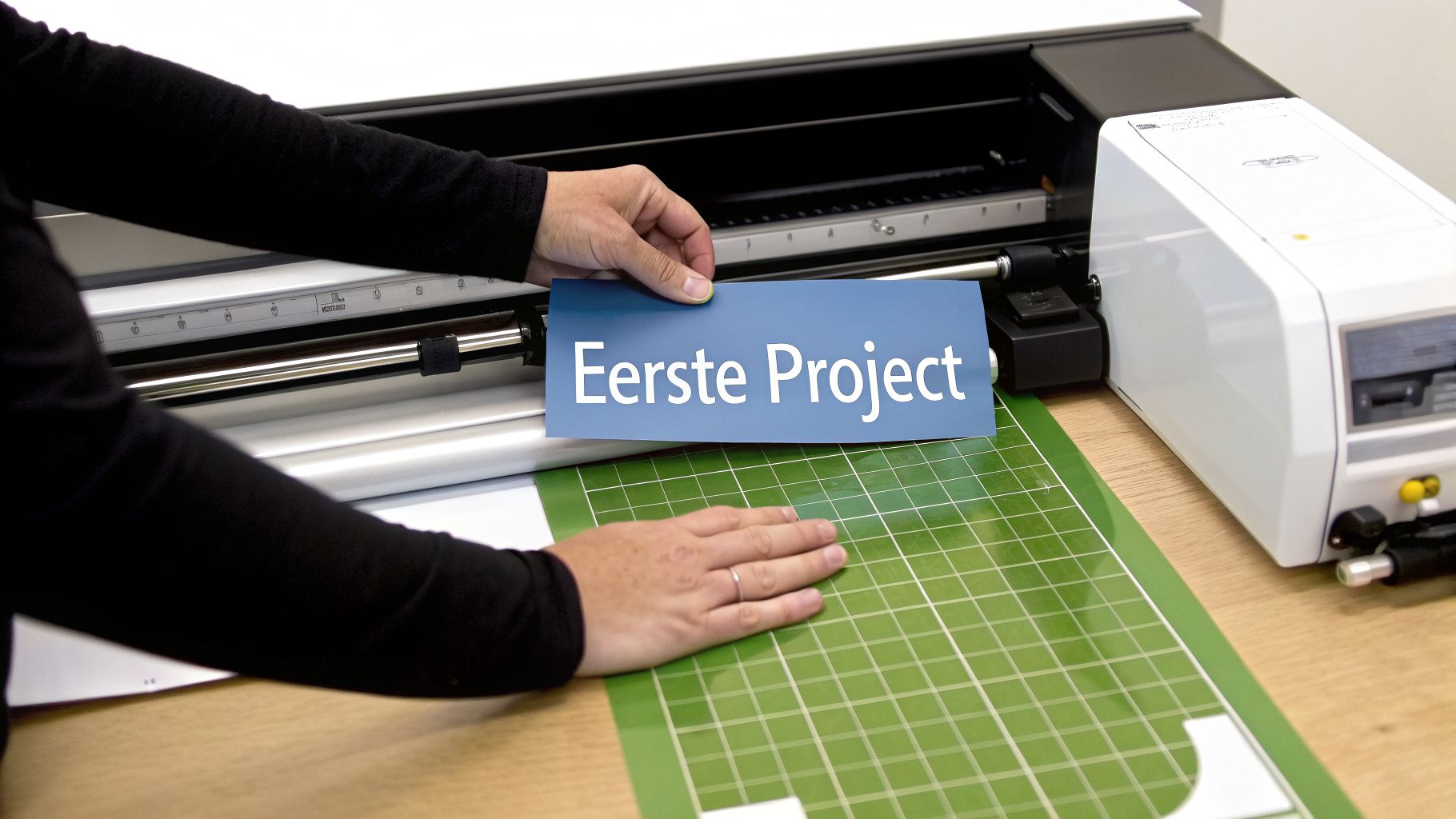 Handen plaatsen blauw papier met 'Eerste Project' op een snijmat voor een Brother ScanNCut machine.