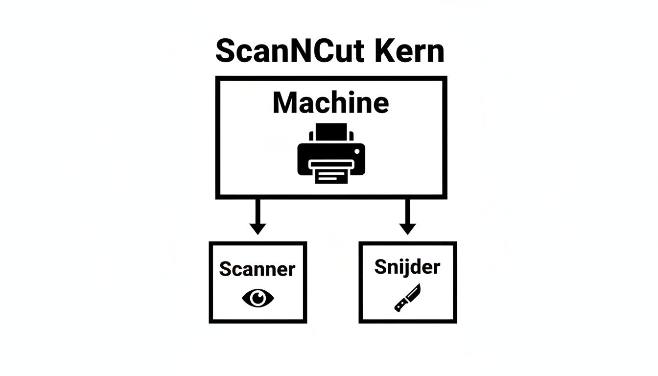Diagram van de ScanNCut Kern machine, die is opgesplitst in een scanner en een snijder.