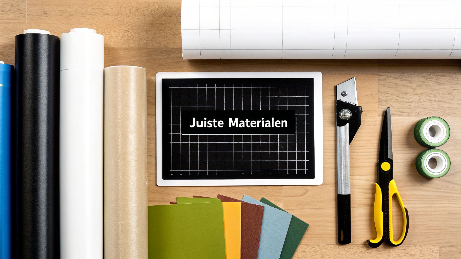 Overzicht van knutselmaterialen en gereedschap, met rollen, gekleurd papier, een tablet en snijgereedschap op een houten tafel.