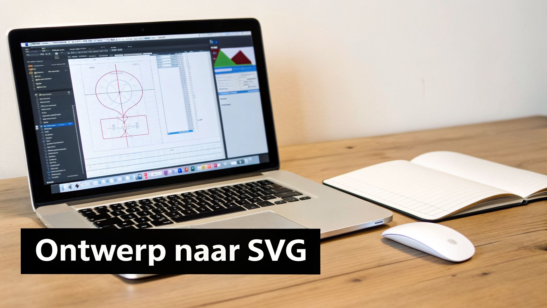 Laptop op houten bureau met ontwerpsoftware, notitieboek en computermuis. Toont 'Ontwerp naar SVG' tekst.