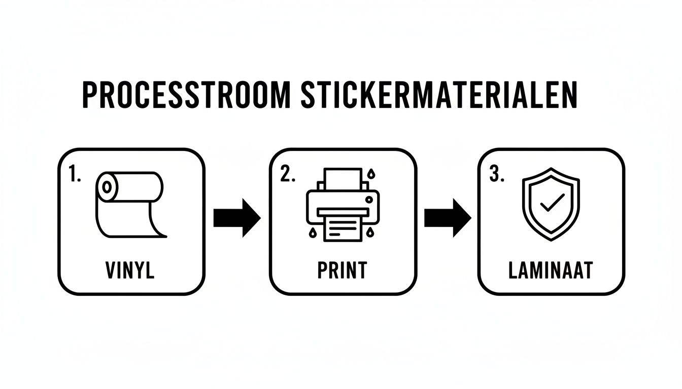 Processtroom voor stickermaterialen: vinyl, printen en lamineren in drie duidelijke stappen.