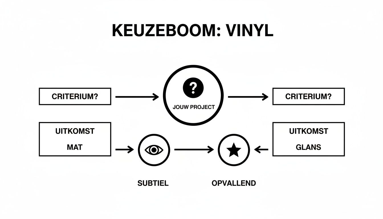 Mat vs glans vinyl: wat is het verschil en welke kies je? 2 Keuzeboom diagram voor vinyl, vergelijkt matte en glanzende afwerkingen, met opties voor subtiel of opvallend resultaat voor jouw project.