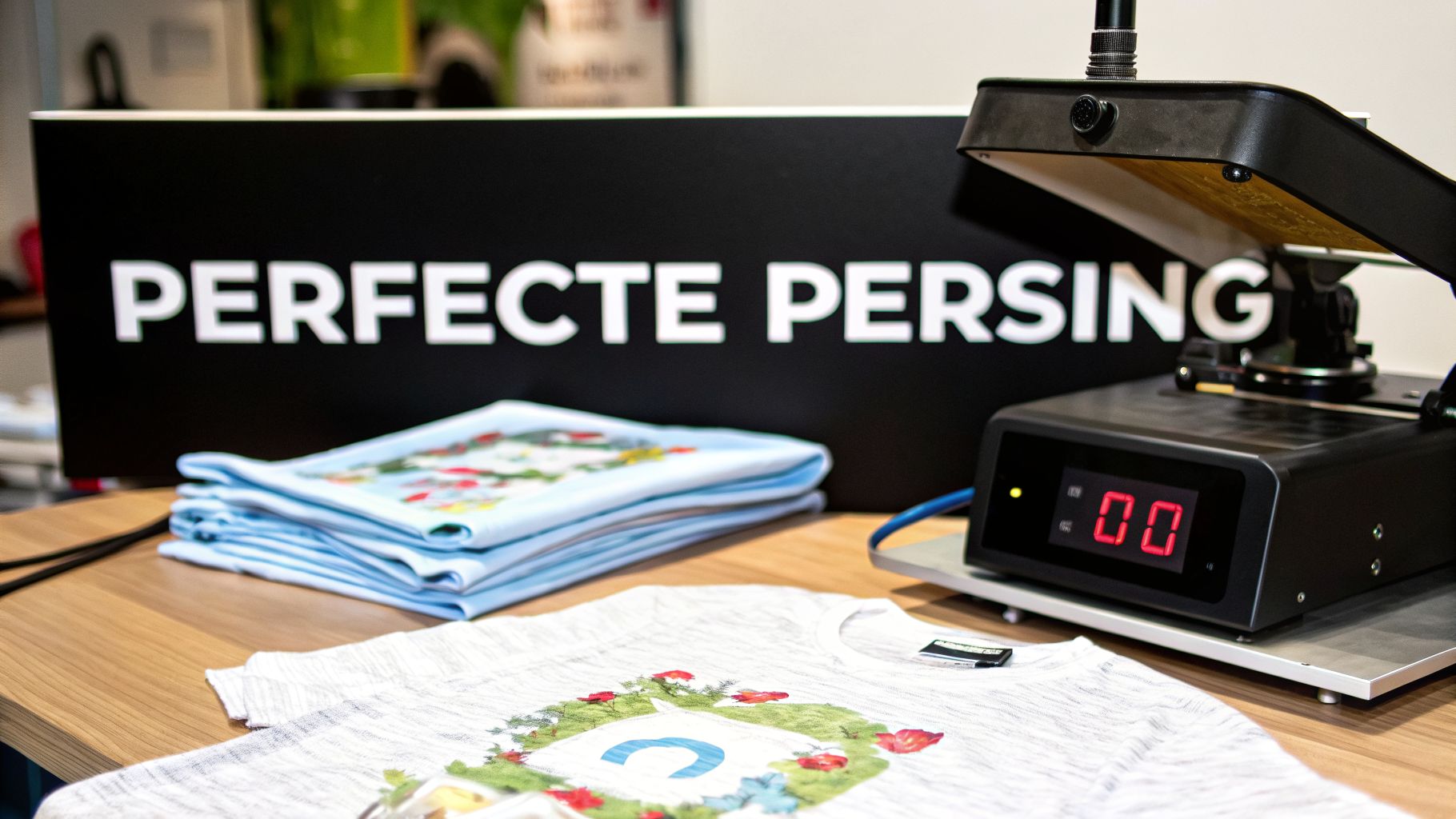 Een warmtepersmachine, stapels lichtblauwe stof en een wit T-shirt met bloemmotief op een houten tafel, met een bord 'PERFECTE PERSING'.