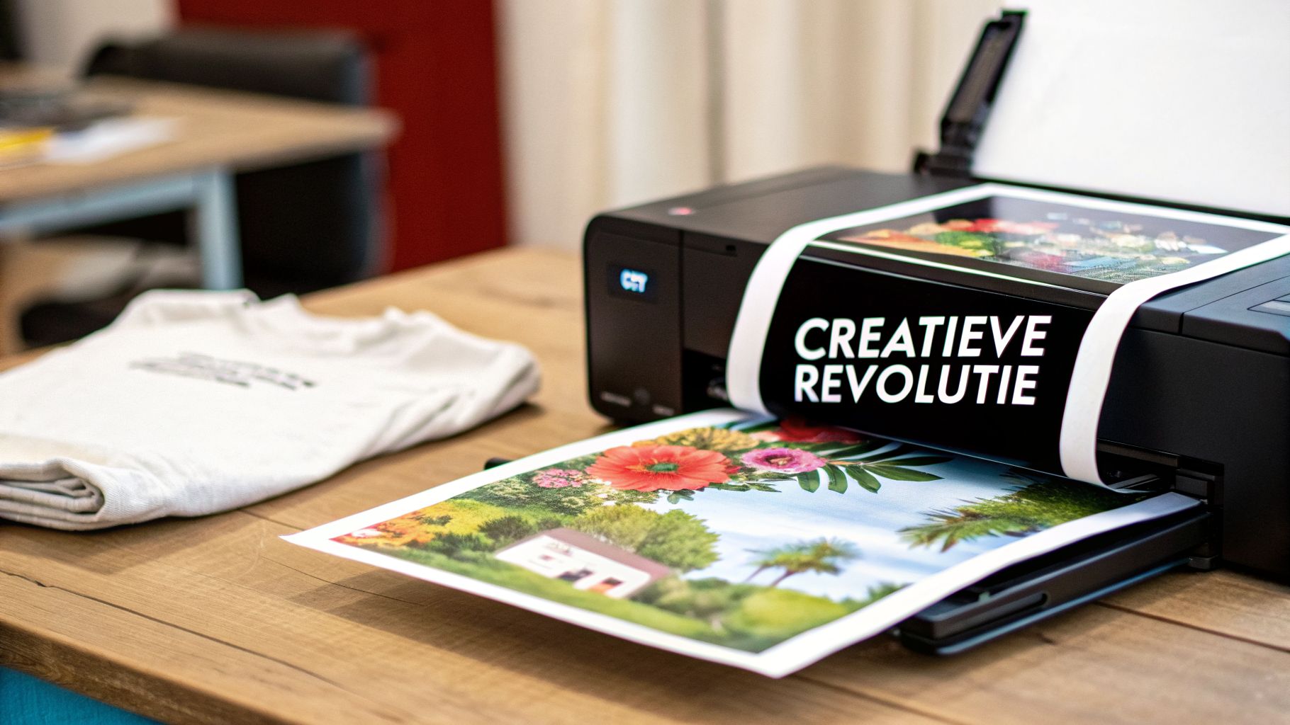 Printer met 'CREATIEVE REVOLUTIE' tekst drukt kleurrijke foto af naast een wit T-shirt op een houten tafel.