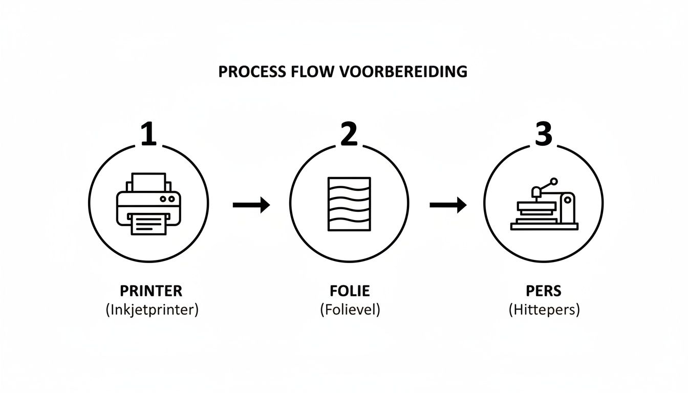 Stroomdiagram dat de voorbereiding beschrijft voor het gebruik van printbaar flexfolie: printen, folie aanbrengen, persen.