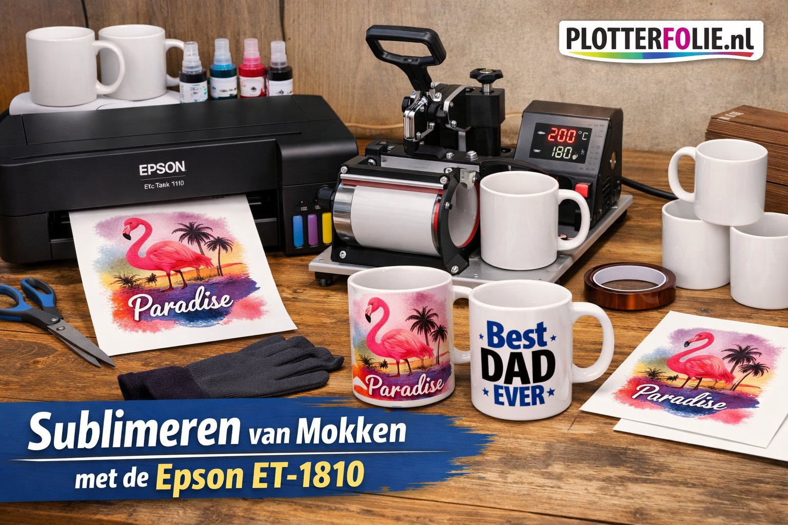 Epson ET1810 sublimatieprinter met bedrukte sublimatiemokken