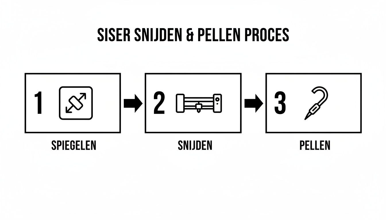 Stapsgewijze uitleg van het Siser flex snij- en pelproces, inclusief spiegelen, snijden en pellen.