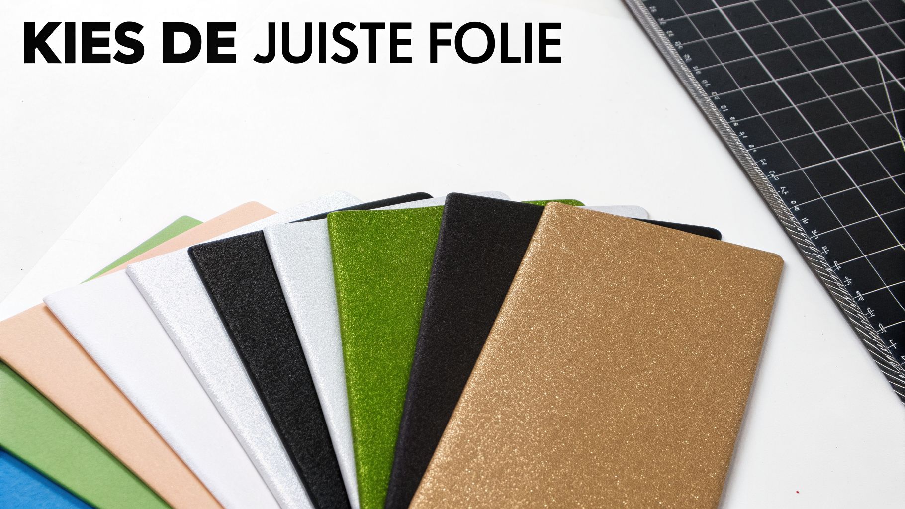 Een waaier van verschillende glanzende en glitterfolies in diverse kleuren, met de tekst 'Kies de juiste folie'.