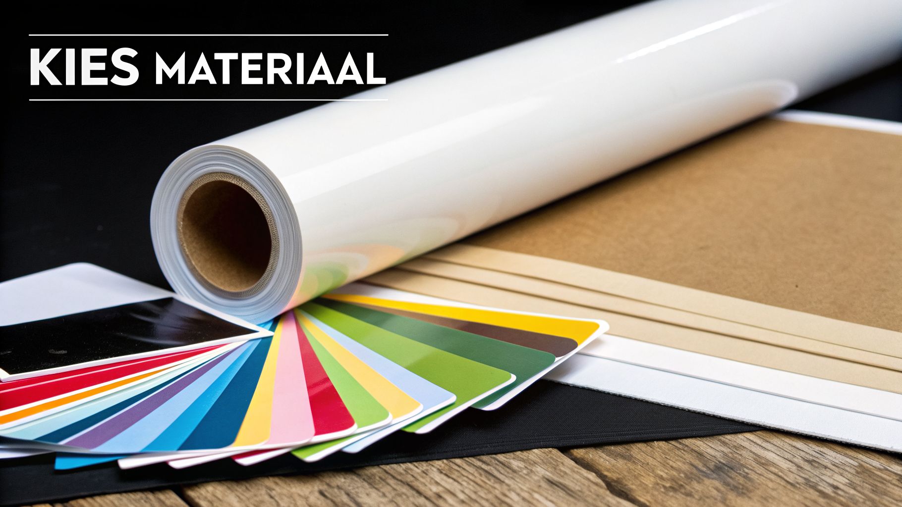 Een rol wit stickermateriaal, kleurstalen en diverse andere materialen op een houten tafel.