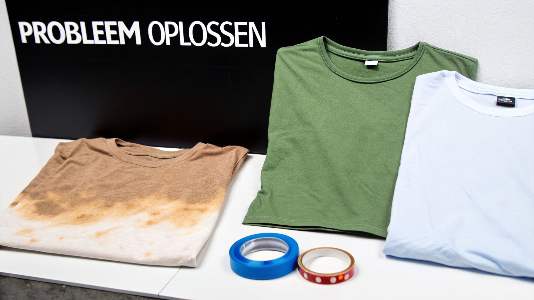 Drie opgevouwen T-shirts (gebleekt, groen, lichtblauw) met twee rollen tape op een tafel, naast een bord met 'PROBLEEM OPLOSSEN'.