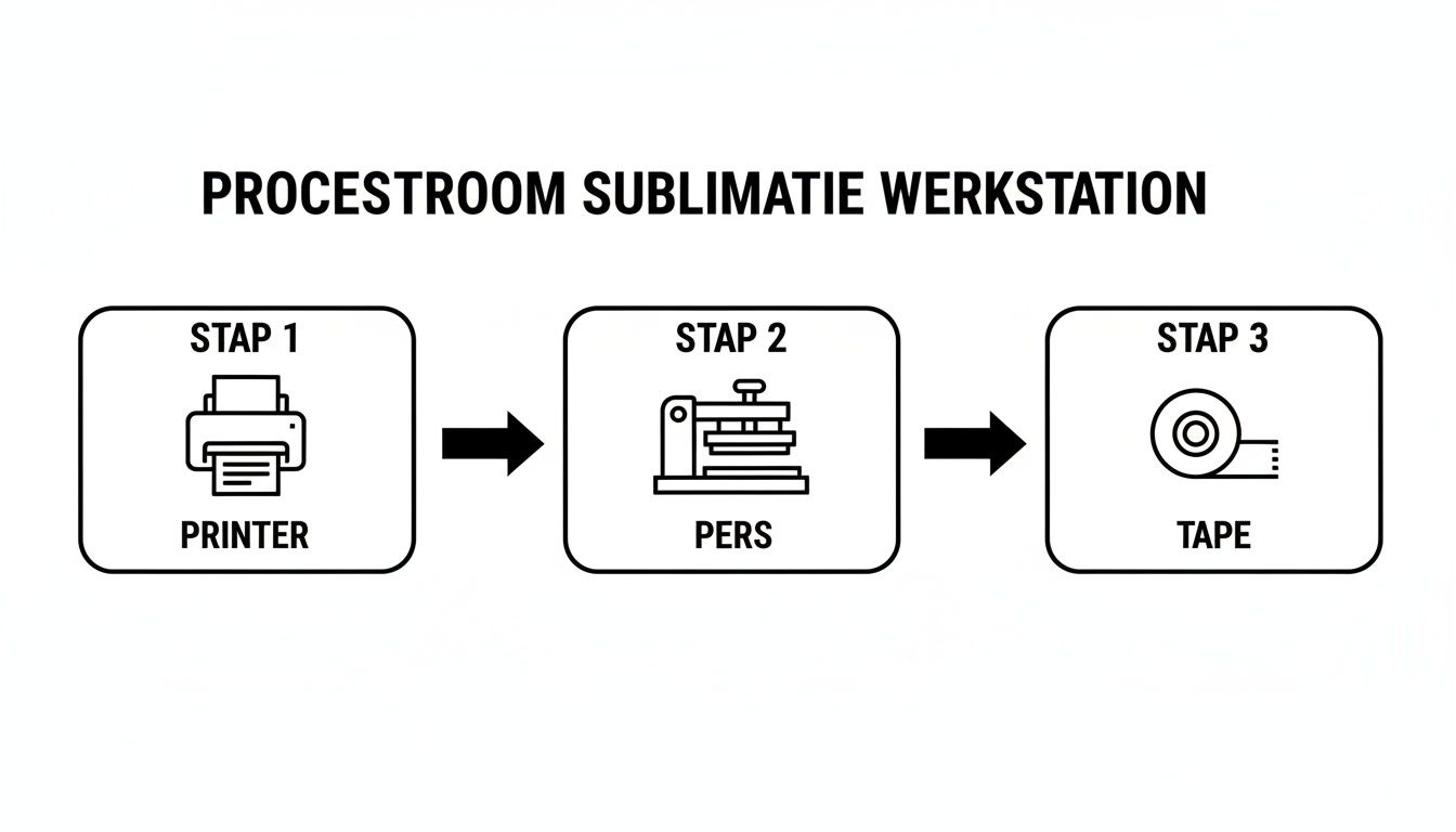 Stroomschema van het sublimatieproces, beginnend met printen, gevolgd door persen en afwerking met tape.