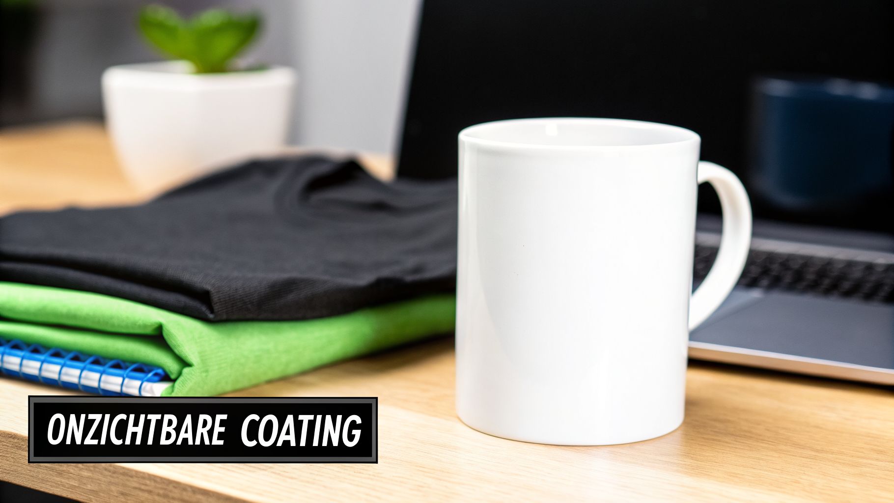 Witte mok, opgevouwen zwarte en groene t-shirts en een notitieboek op een houten bureau met een plant en laptop op de achtergrond. Tekst: Onzichtbare coating.