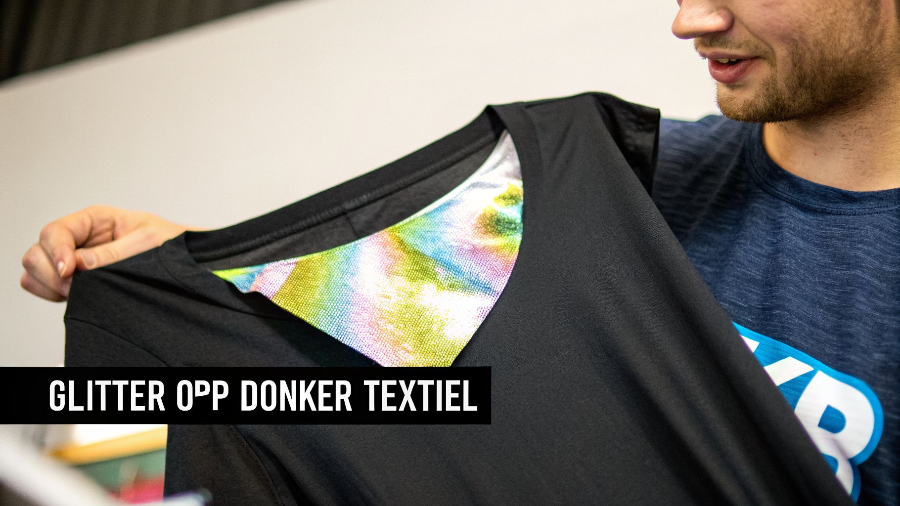 Een persoon houdt een zwart T-shirt vast met een glinsterende, veelkleurige print in de kraag.