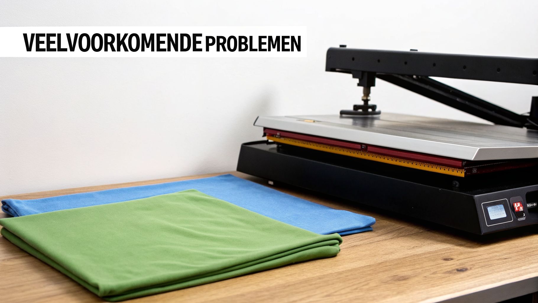 Een warmtepersmachine op een houten tafel met groene en blauwe stoffen en de tekst 'Veelvoorkomende problemen'.