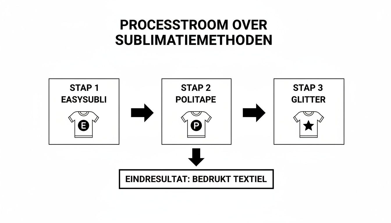 Processchema van sublimatiemethoden voor textielbedrukking, met stappen Easysubli, Politape en Glitter, leidend tot bedrukt textiel.