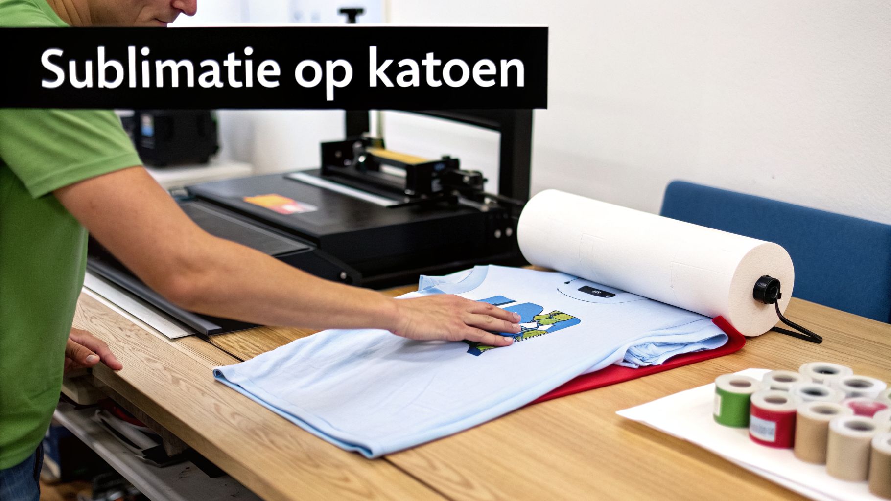 Een persoon plaatst een T-shirt met een kleurrijk ontwerp op een tafel, klaar voor sublimatie op katoen.