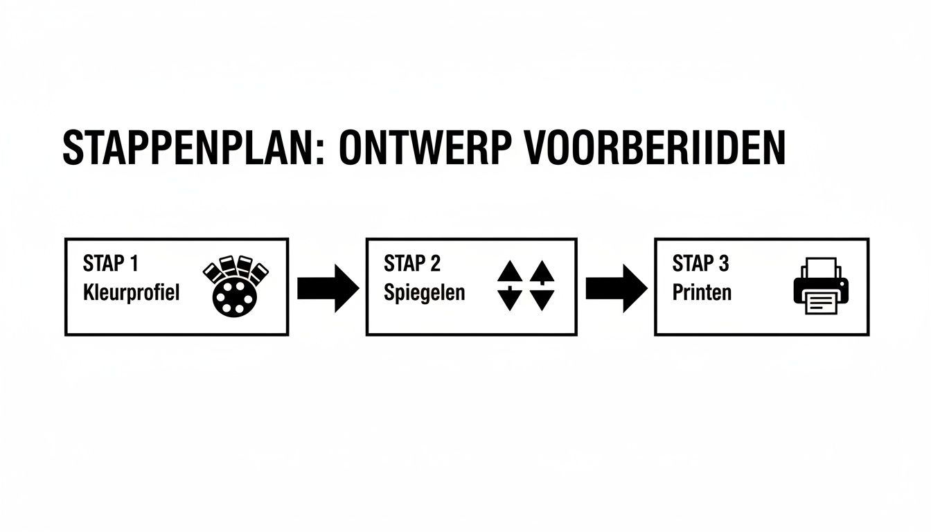 Stappenplan voor het voorbereiden van een ontwerp, inclusief kleurprofiel, spiegelen en printen.
