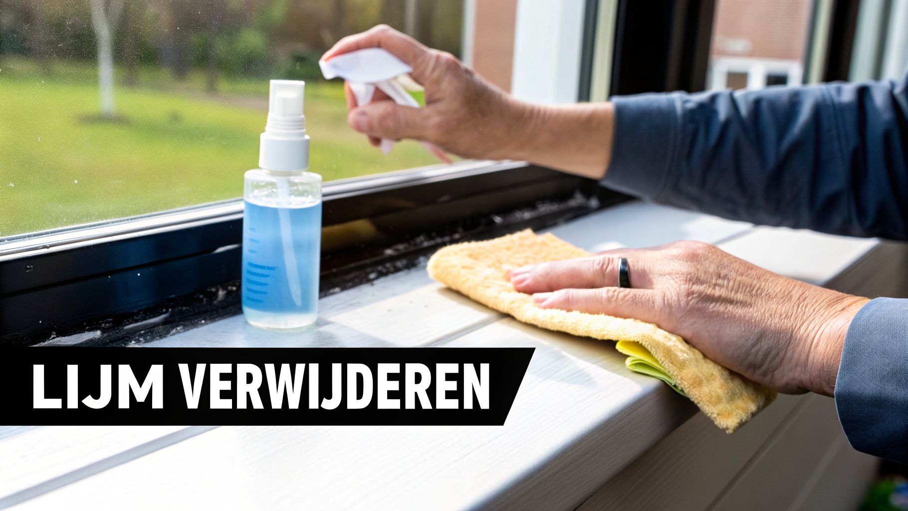 Persoon verwijdert lijmresten van een vensterbank met een sprayfles en een doek.