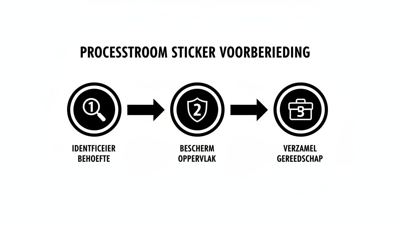 Processtroom voor sticker voorbereiding met drie stappen: identificeer behoefte, bescherm oppervlak en verzamel gereedschap.