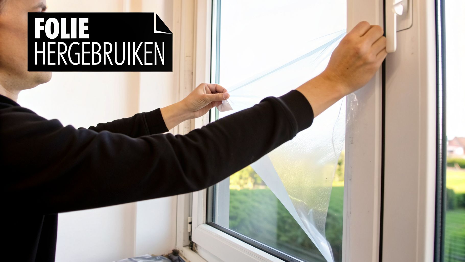 Een persoon bevestigt of verwijdert transparante raamfolie van een raam, met de tekst 'FOLIE HERGEBRUIKEN'.