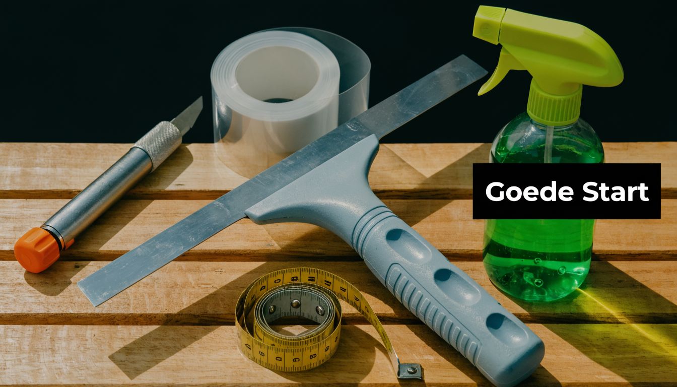 Gereedschap voor het aanbrengen van raamfolie, zoals een mes, rakel, meetlint en een spuitfles met vloeistof.