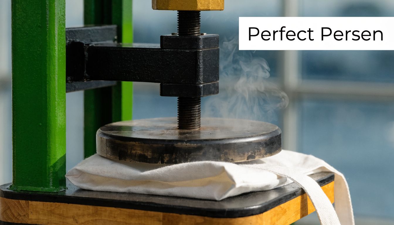 Een industriële hittepers drukt een ontwerp op een blanco canvas tas met zichtbare stoom in een werkplaats.