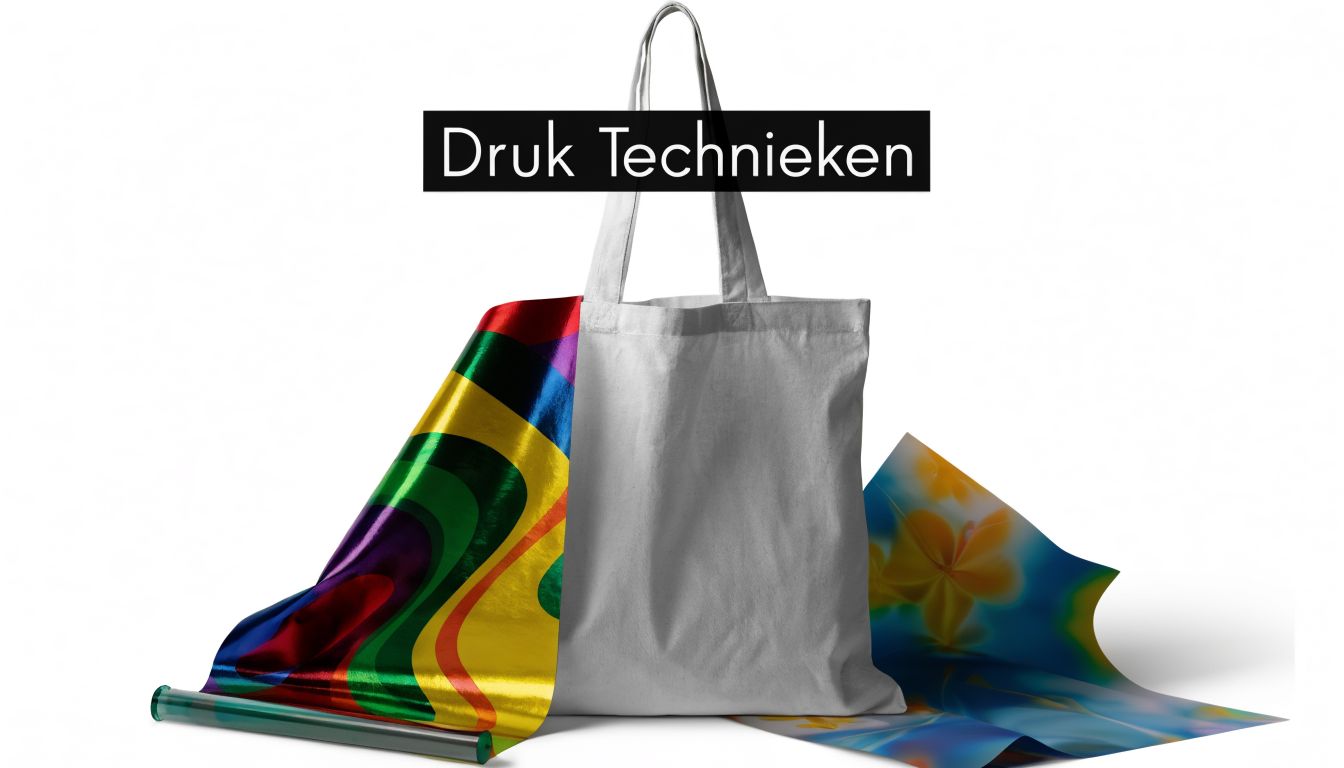 Een blanco canvas tas met kleurrijke bedrukte folievellen op een witte achtergrond voor grafische presentatie.