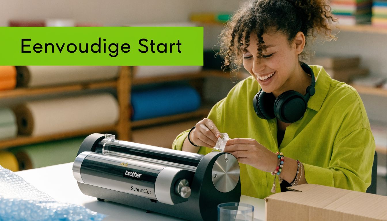 Een jonge vrouw met een koptelefoon werkt aan een Brother ScannCut machine in een creatieve werkruimte.