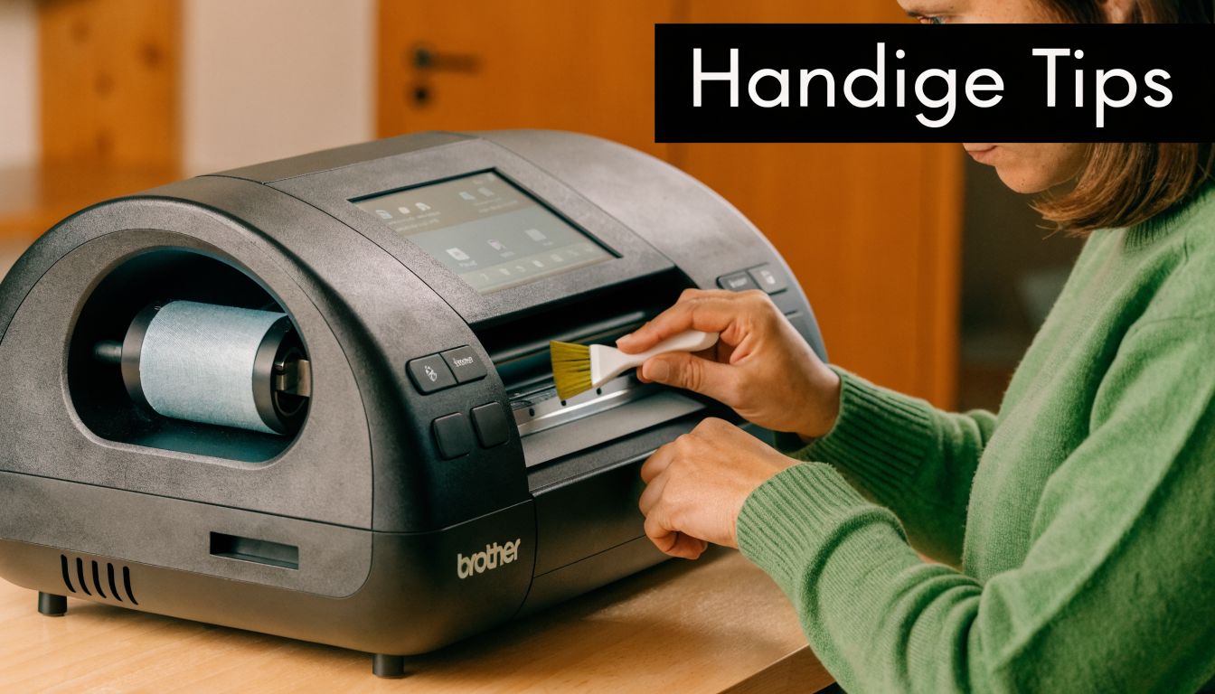 Iemand die voorzichtig een Brother ScanNCut machine schoonmaakt met een klein borsteltje voor optimaal onderhoud en resultaat.