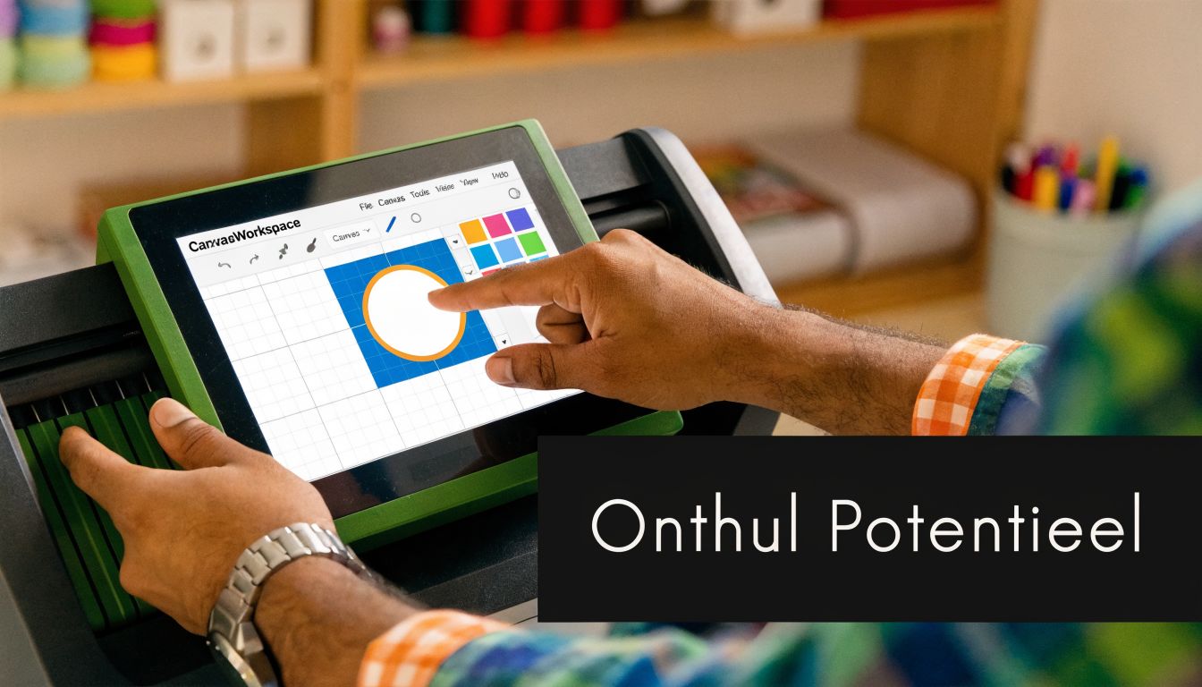 Een persoon gebruikt een Brother ScanNCut machine met touchscreen om een cirkelontwerp aan te passen op het scherm.