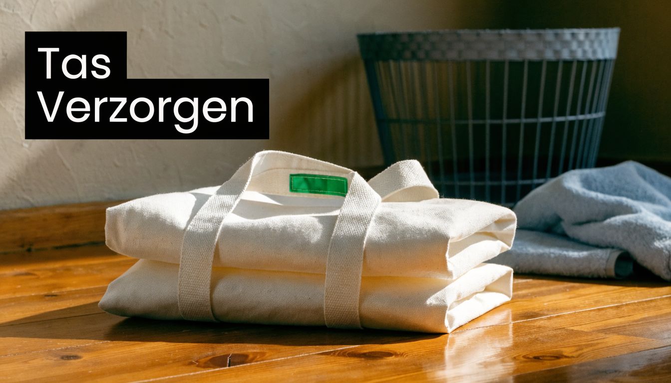 Een opgevouwen blanco canvas tas op een houten vloer met een wasmand op de achtergrond.