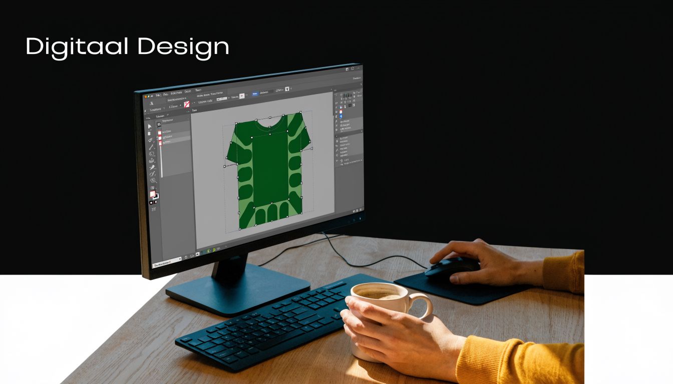 Een persoon werkt op een computer aan een digitaal ontwerp voor het bedrukken van een groen T-shirt.