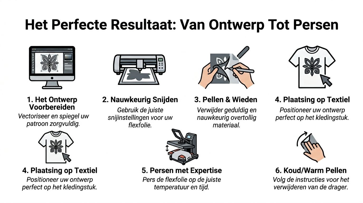 Een stappenplan infographic in het Nederlands over het bedrukken van textiel met flexfolie van ontwerp tot eindresultaat.