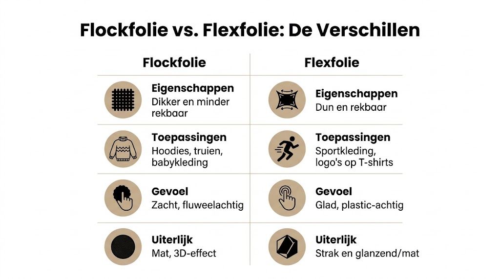 Een tabel die de verschillen tussen flockfolie en flexfolie toont op het gebied van eigenschappen, toepassingen en uiterlijk.