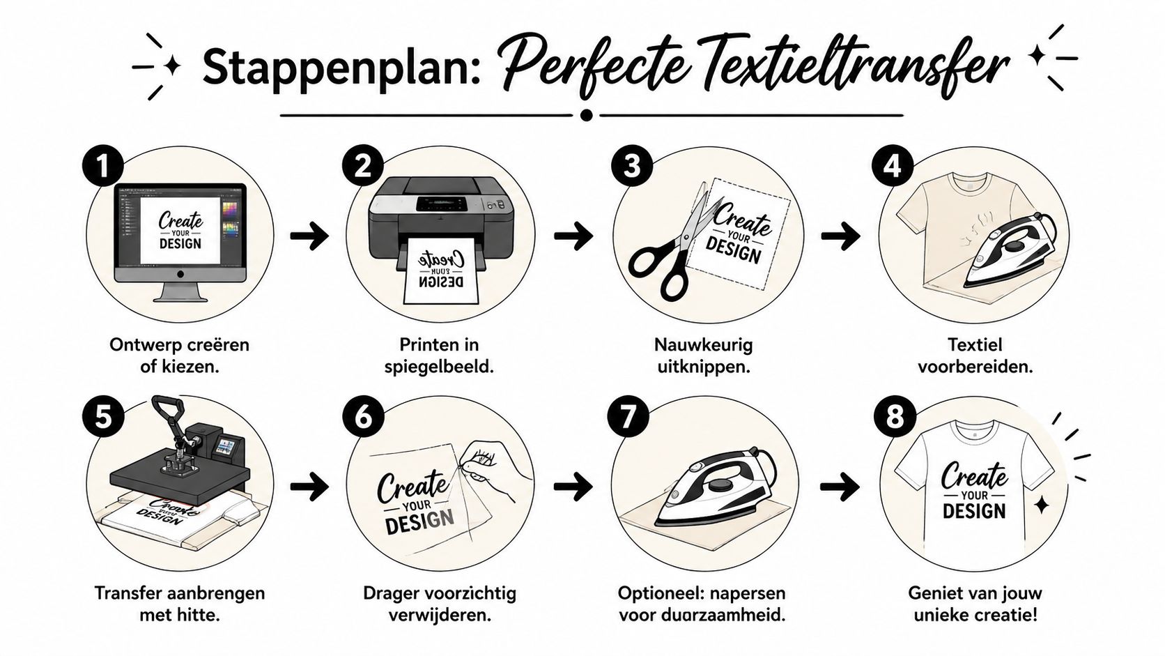 Stappenplan voor het aanbrengen van een textieltransfer op een t-shirt, van ontwerp tot het eindresultaat.