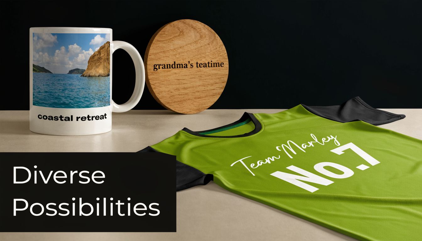 Een mok met een zeegezicht en een groen sportshirt met opdruk liggen naast een houten onderzetter.