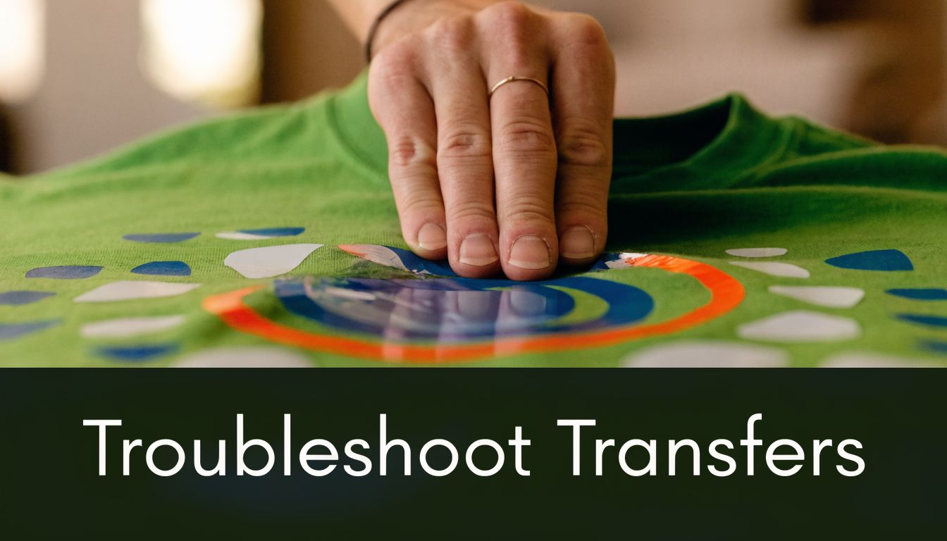 Een hand drukt een bedrukt transferpapier vast op een groen T-shirt voor een professionele afwerking.