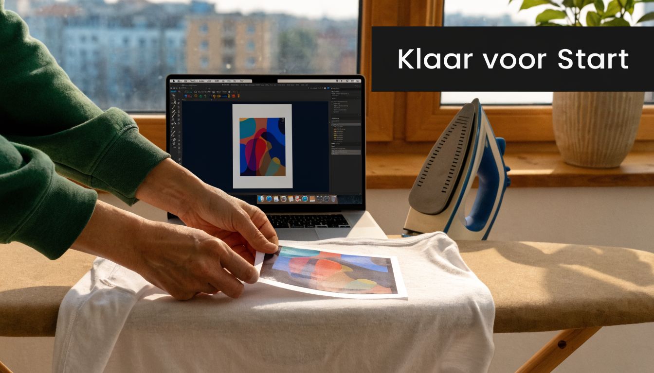 Een persoon legt een bedrukt ontwerp op een wit t-shirt voor het strijken met een strijkijzer.