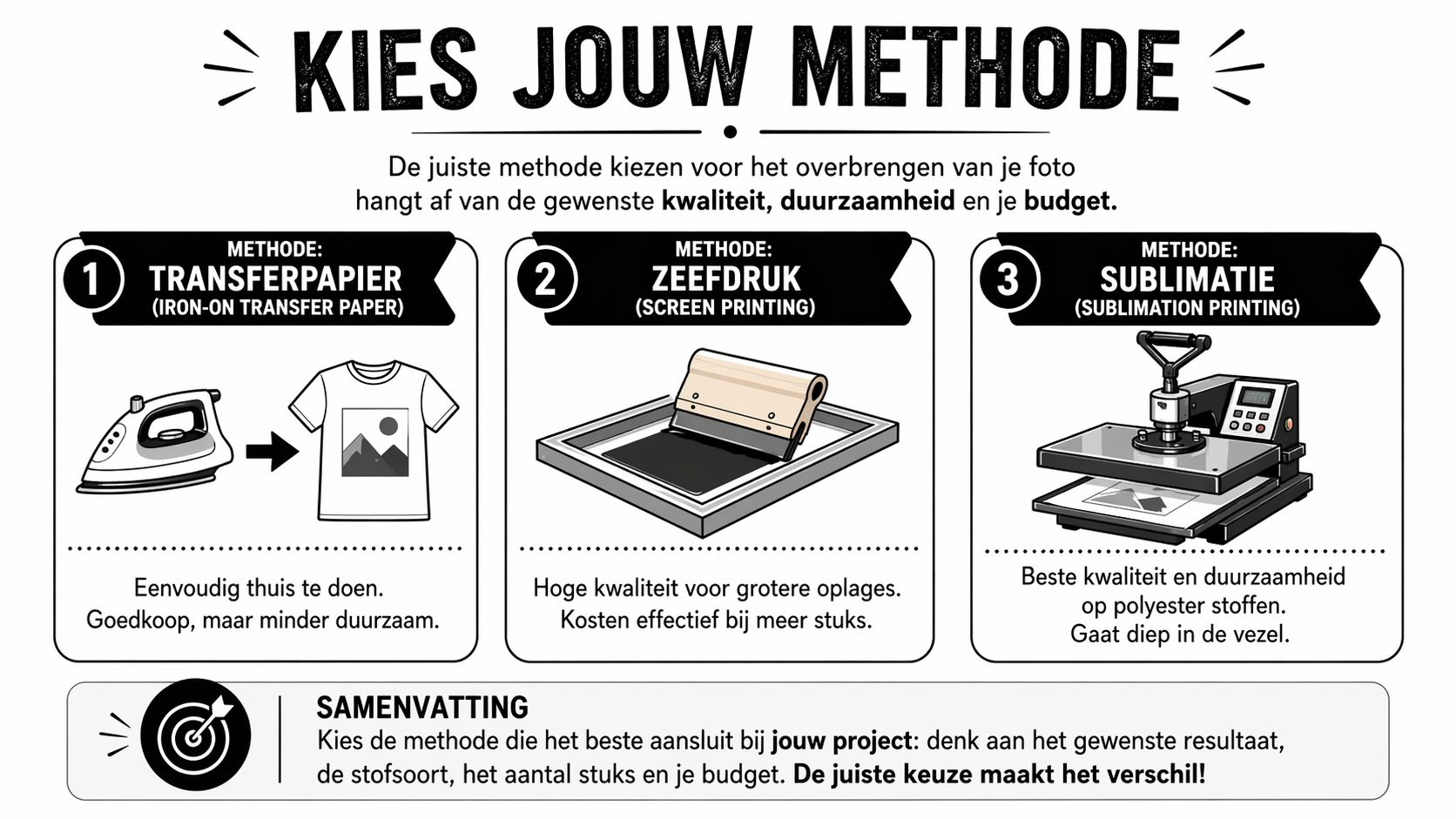 Een overzicht van drie methoden om een foto op een shirt te bedrukken: transferpapier, zeefdruk en sublimatie.