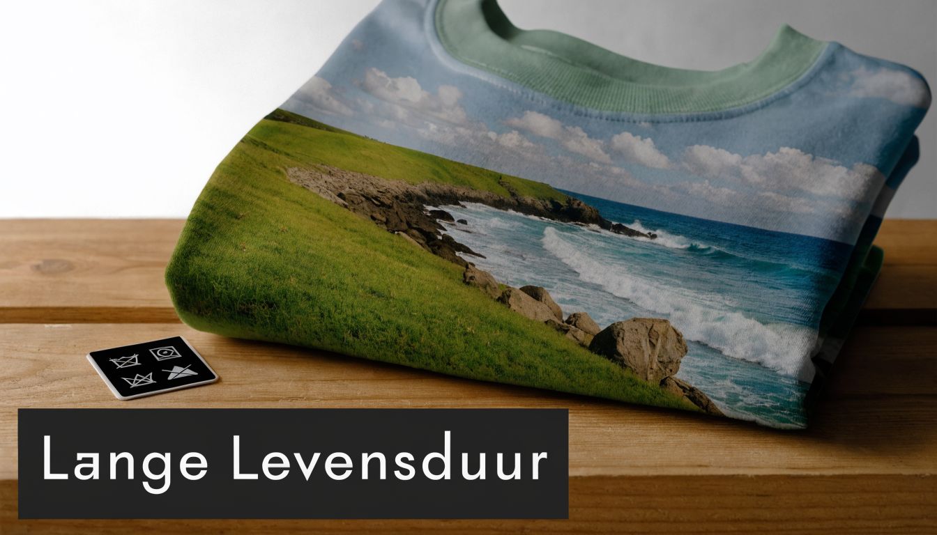 Een opgevouwen shirt met een afbeelding van een kustlandschap en een klein icoontje met wasinstructies op een houten ondergrond.