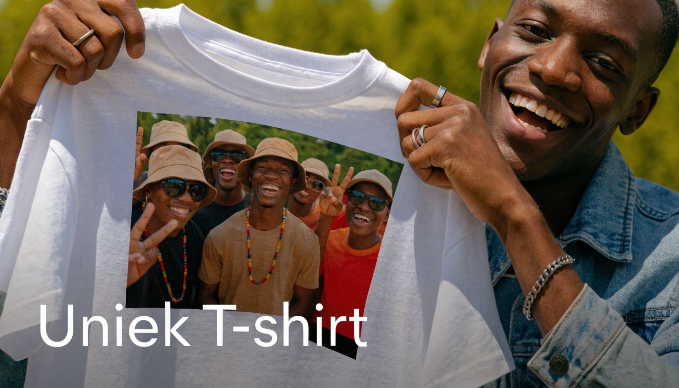 Een lachende man toont een wit t-shirt met een bedrukte foto van vrienden met hoeden.