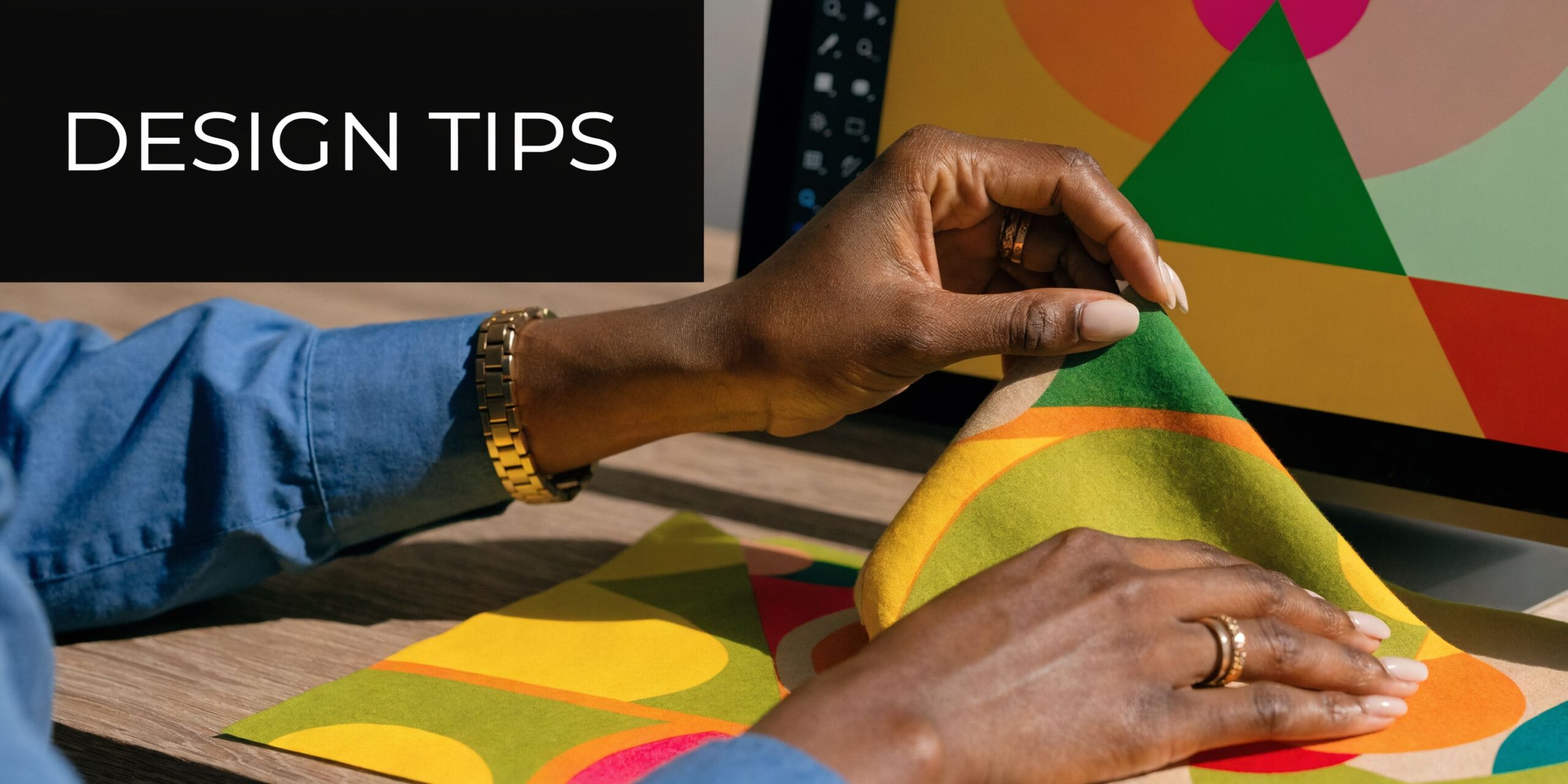 Een persoon met donkere huidskleur bekijkt een kleurrijk ontwerp op stof naast een computerscherm met patronen.