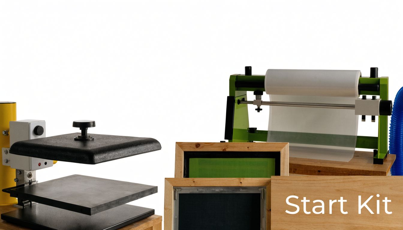 Professionele apparatuur voor het zelf bedrukken van kleding met zeefdrukramen en een hittepersmachine op een witte achtergrond.