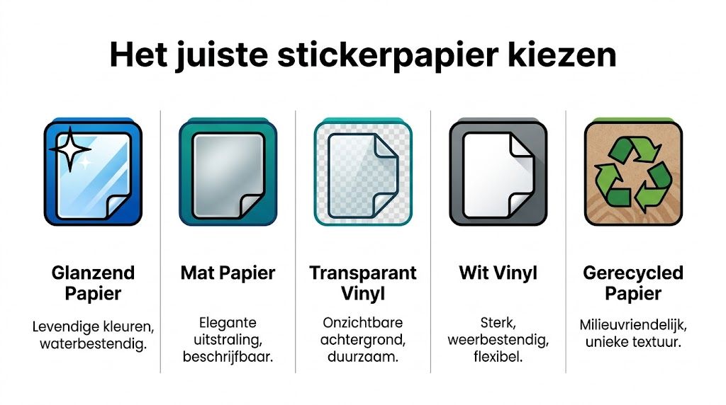 Een overzicht van verschillende soorten stickerpapier met eigenschappen zoals glanzend, mat, transparant, vinyl en gerecycled papier.