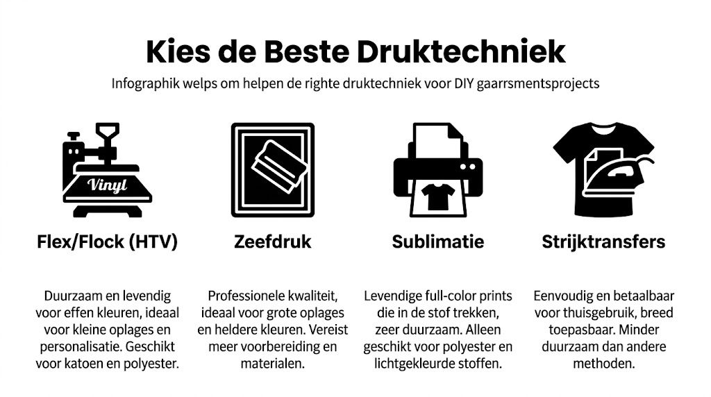 Een overzicht van verschillende kleding bedrukkingstechnieken zoals flex, zeefdruk, sublimatie en strijktransfers voor zelf kleding bedrukken.