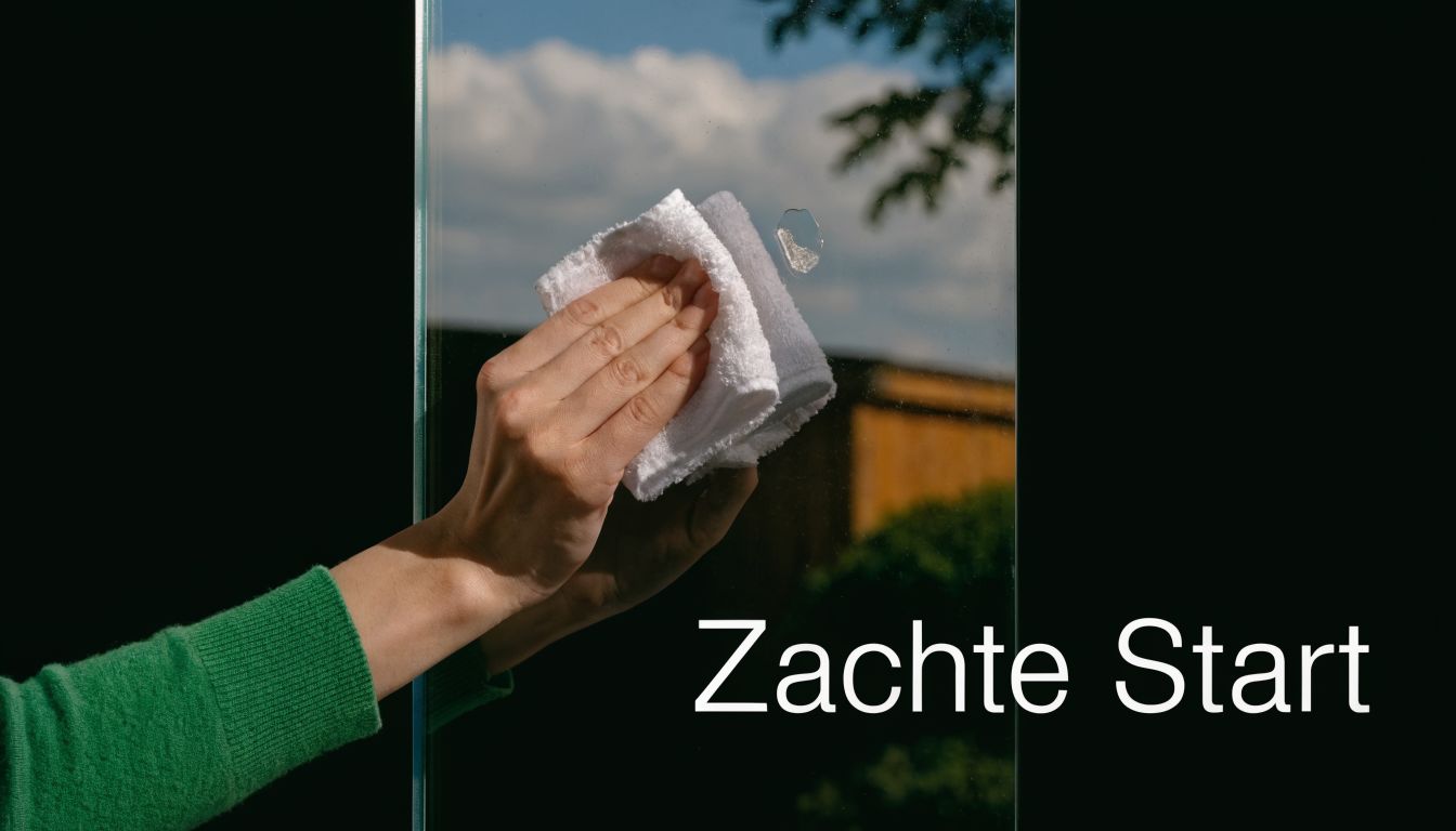 Een hand in een groene trui verwijdert voorzichtig lijmresten van een glazen oppervlak met een witte doek.