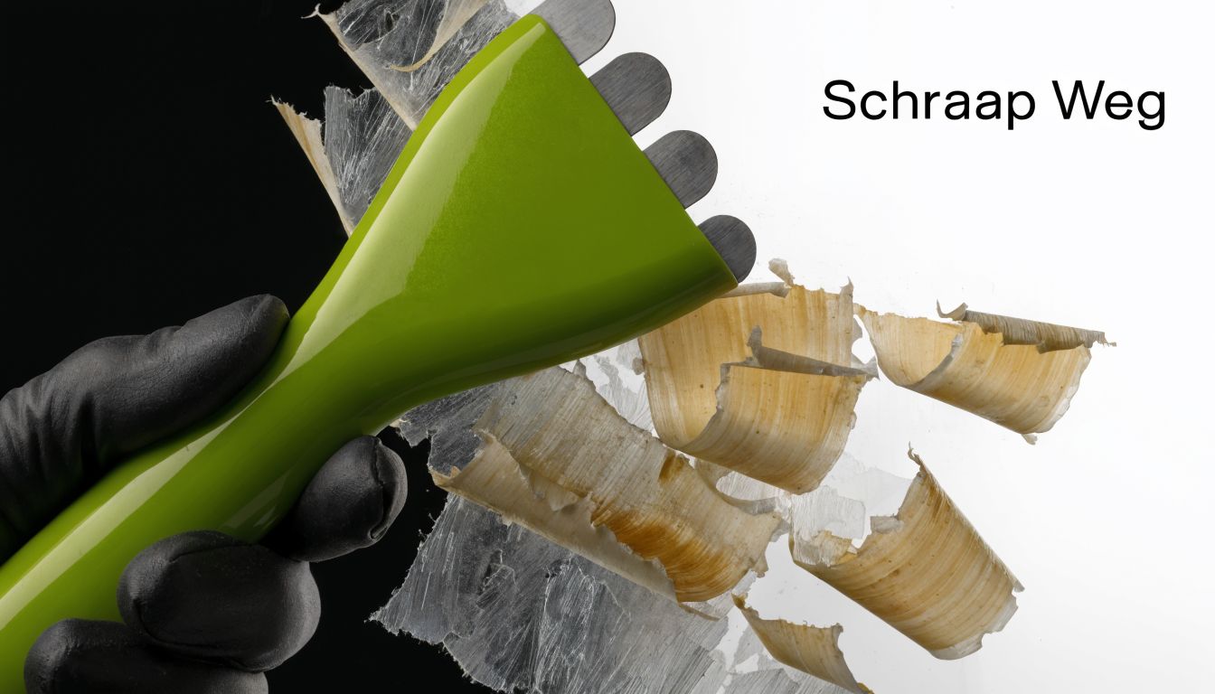 Een persoon in een zwarte handschoen gebruikt een groene schraper om lijmresten van een glazen oppervlak te verwijderen.