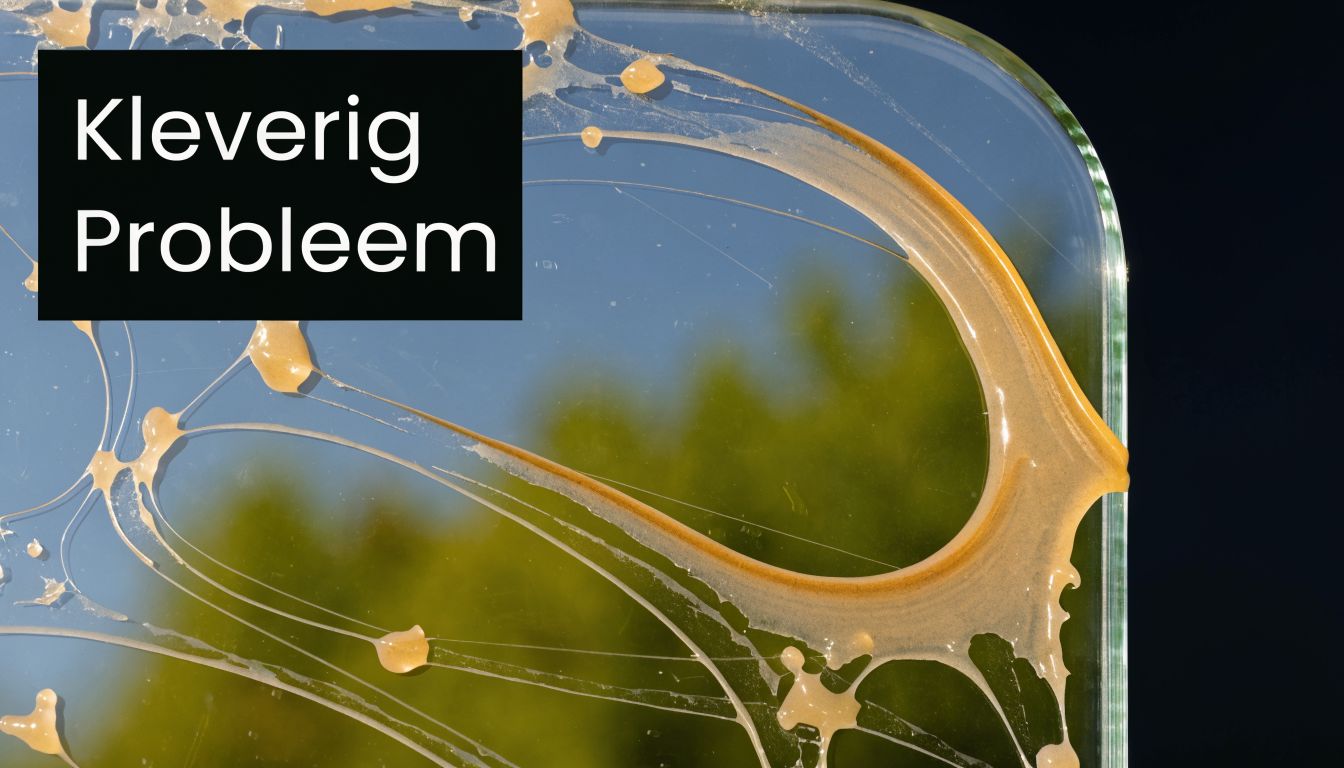 Lijmresten op een glasplaat met de tekst Kleverig Probleem, die verwijderd moeten worden van het oppervlak.