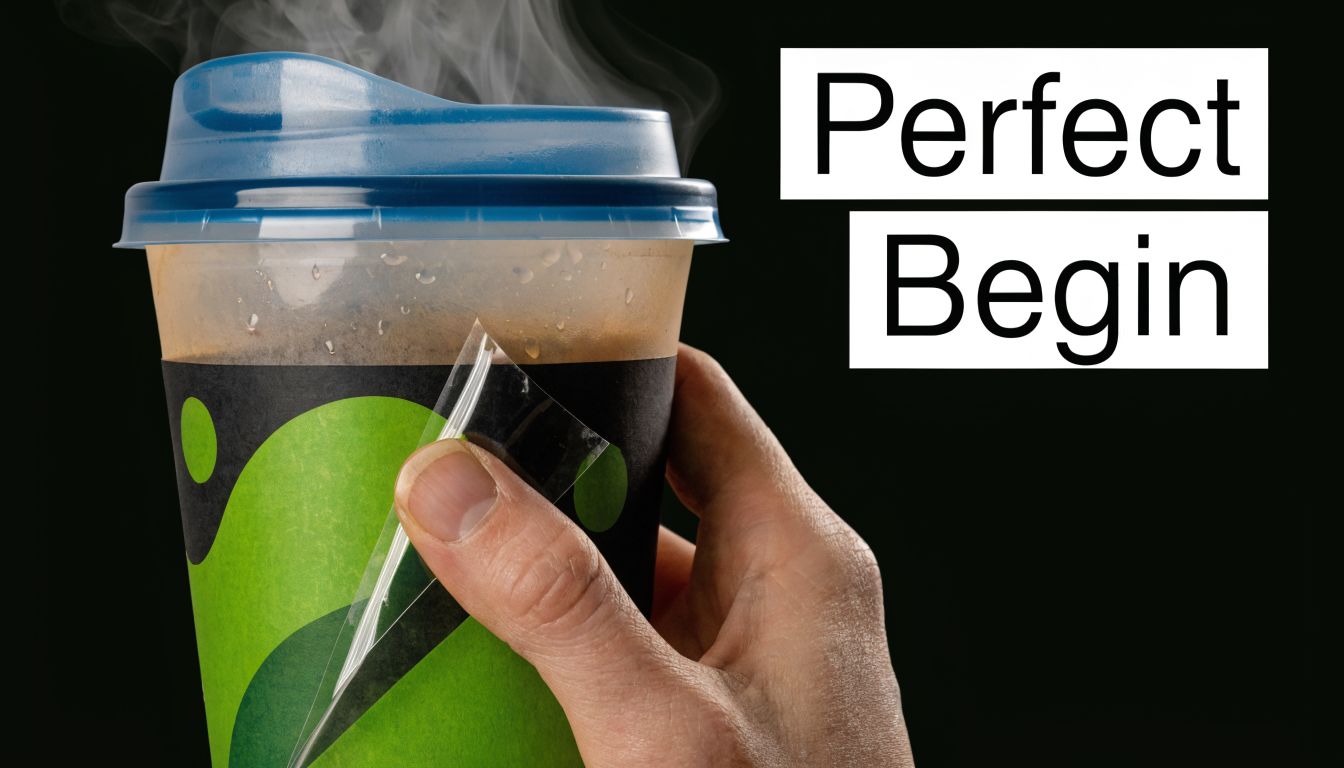 Een hand die een transparante beschermfolie van een koffiebeker met een groen patroon aftrekt.